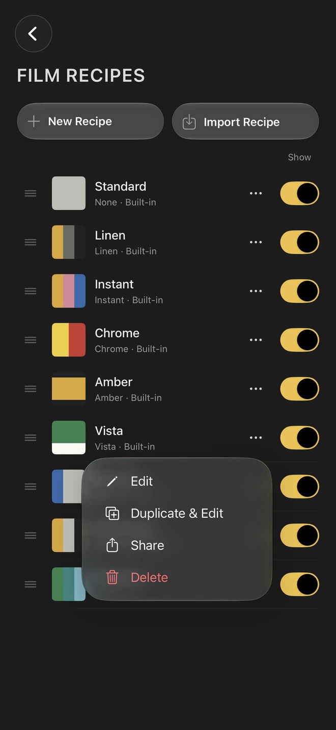 Film recipe library with the recipe actions menu open, including Share